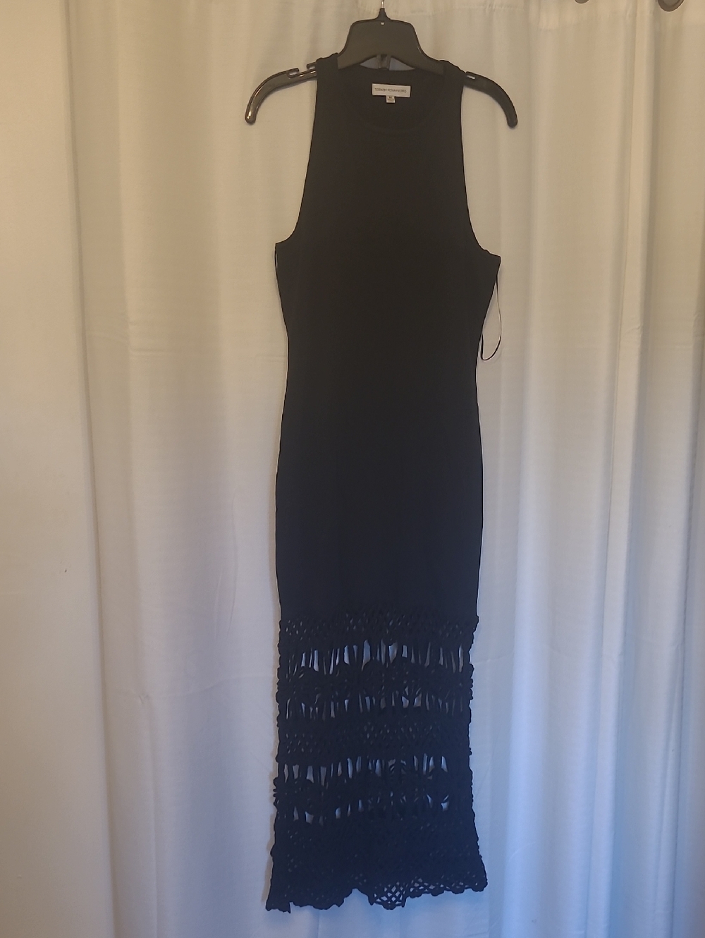 Torn by Ronny Kobo Black Sleeveless Racerback Maxi Dress with Crochet Hem Detail